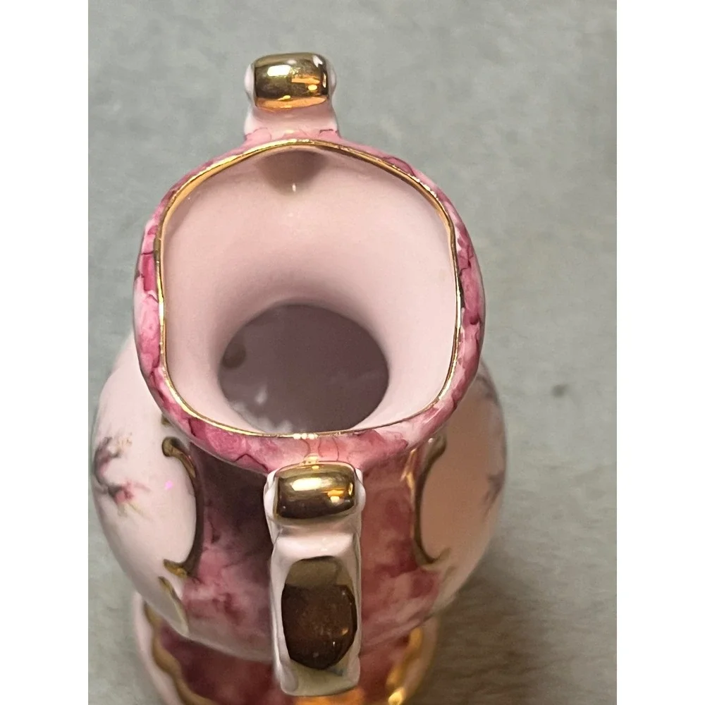 Porcelain Fairlow Vase Pink Rose Marbled Double Handle Urn Gold Gilt Floral 6